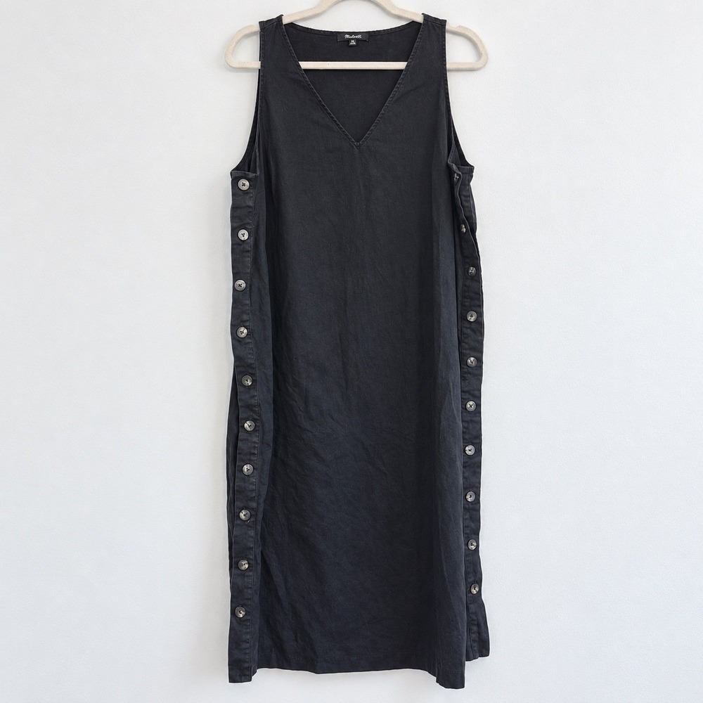 Madewell Black Linen Blend Side Button V-Neck Midi Tank Dress 1X CKP454700002